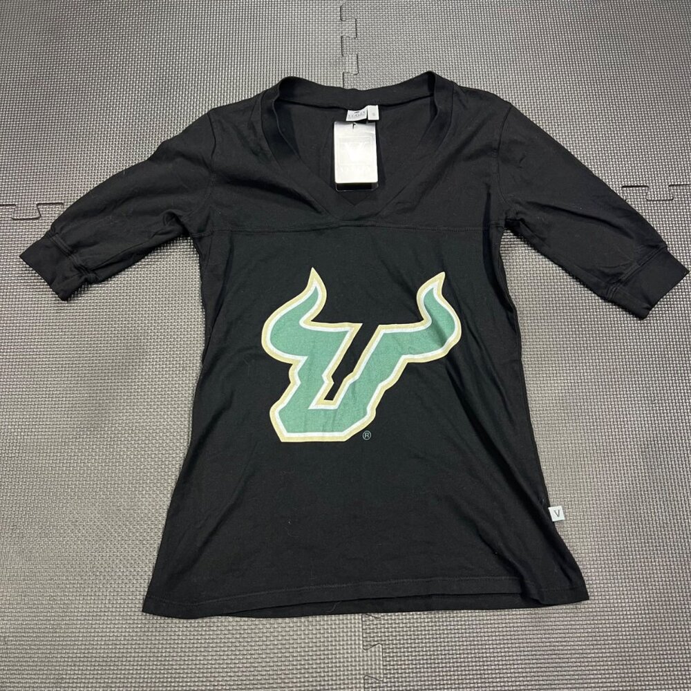 Venley Womens Black V-Neck T-Shirt With Green U Bulls Logo Size S